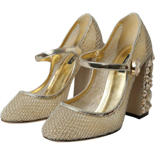 Gold Mesh Crystal Mary Jane Pumps Heels Shoes