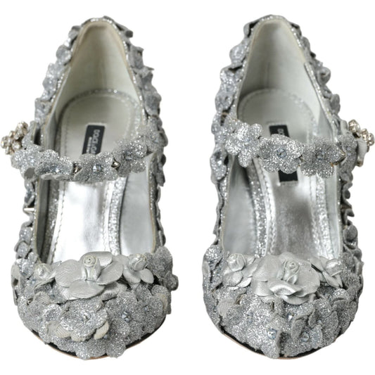 Silver Floral Crystal Mary Jane Pumps Shoes