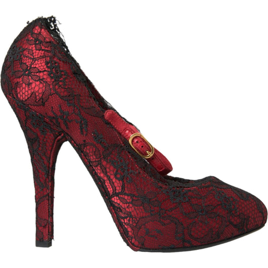 Red Black Floral Lace Mary Jane Pumps Shoes