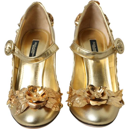 Gold Leather Crystal Mary Janes Pumps Shoes