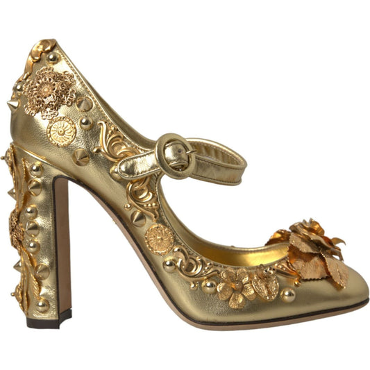 Gold Leather Crystal Mary Janes Pumps Shoes