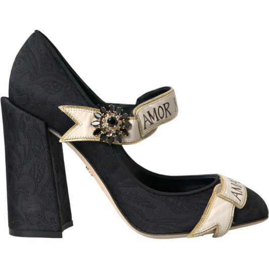 Black Brocade Mary Janes Crystal Pumps Shoes