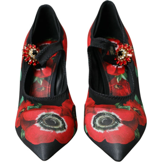 Black Floral Crystal Mary Jane Pumps Shoes