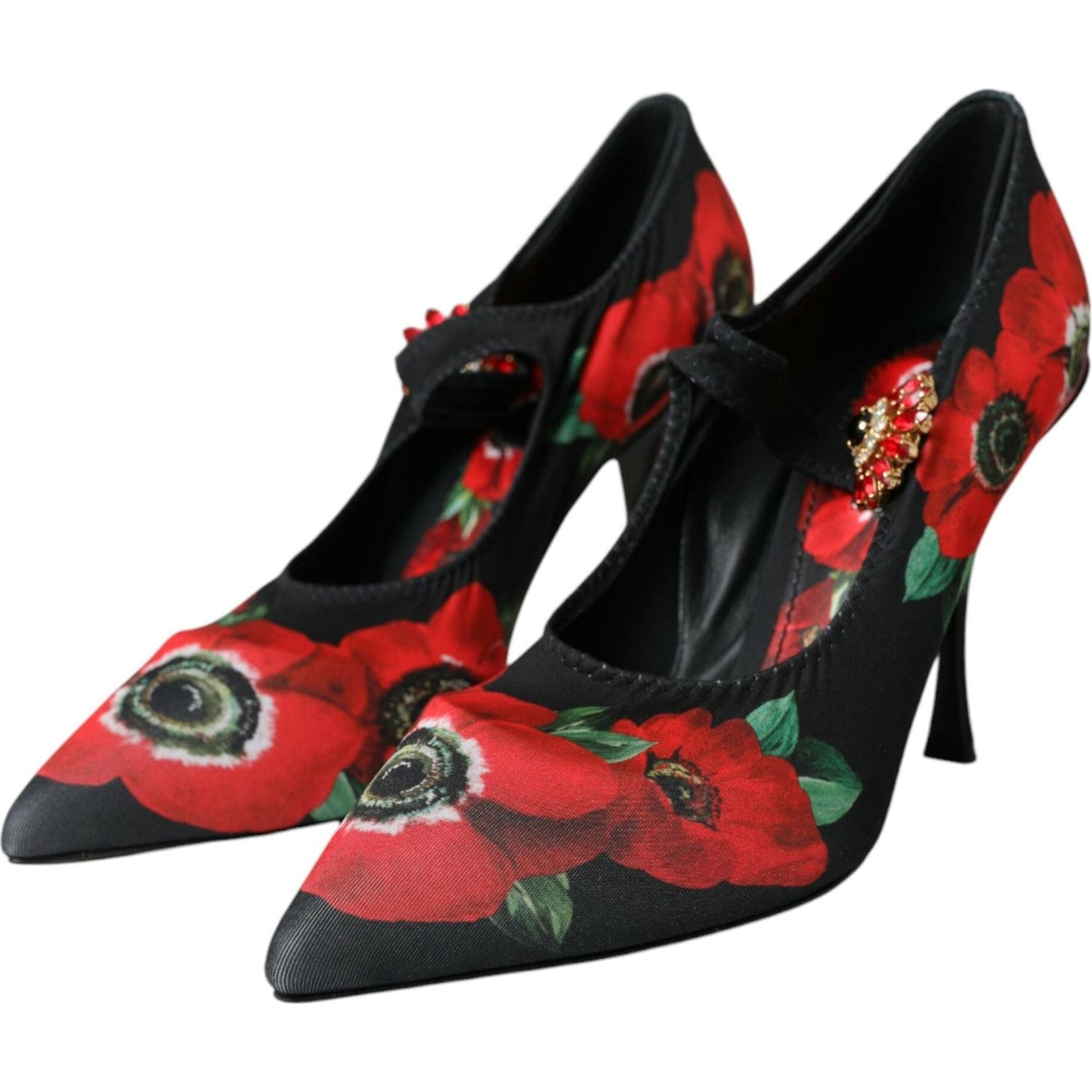 Black Floral Crystal Mary Jane Pumps Shoes