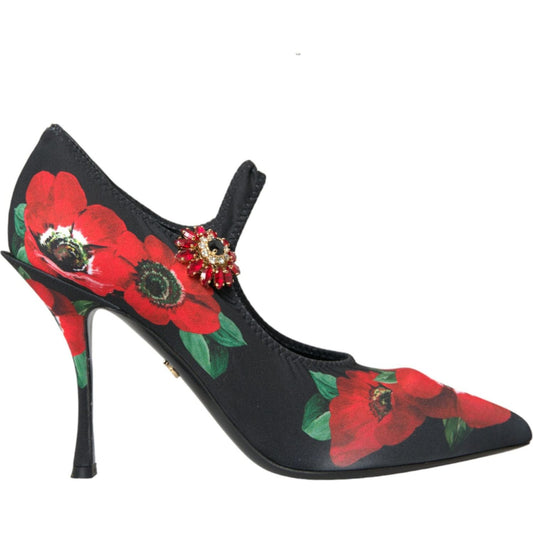 Black Floral Crystal Mary Jane Pumps Shoes