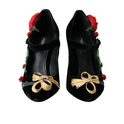 Dolce & Gabbana Black Roses Crystal Brooch Mary Jane Shoes Dolce & Gabbana