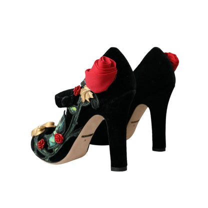 Dolce & Gabbana Black Roses Crystal Brooch Mary Jane Shoes Dolce & Gabbana