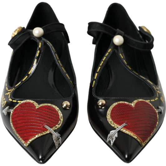 Black Leather Heart Embellished Loafers Shoes