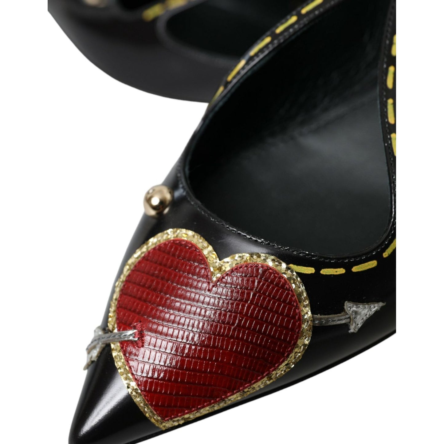 Black Leather Heart Embellished Loafers Shoes