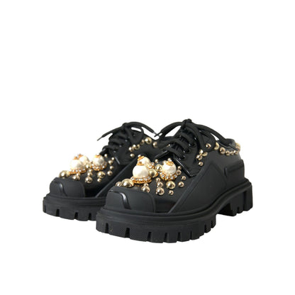 Dolce & Gabbana Black Leather Trekking Derby Embellished Shoes Dolce & Gabbana