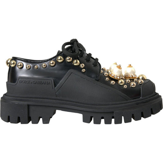 Black Leather Trekking Derby Embellished Shoes