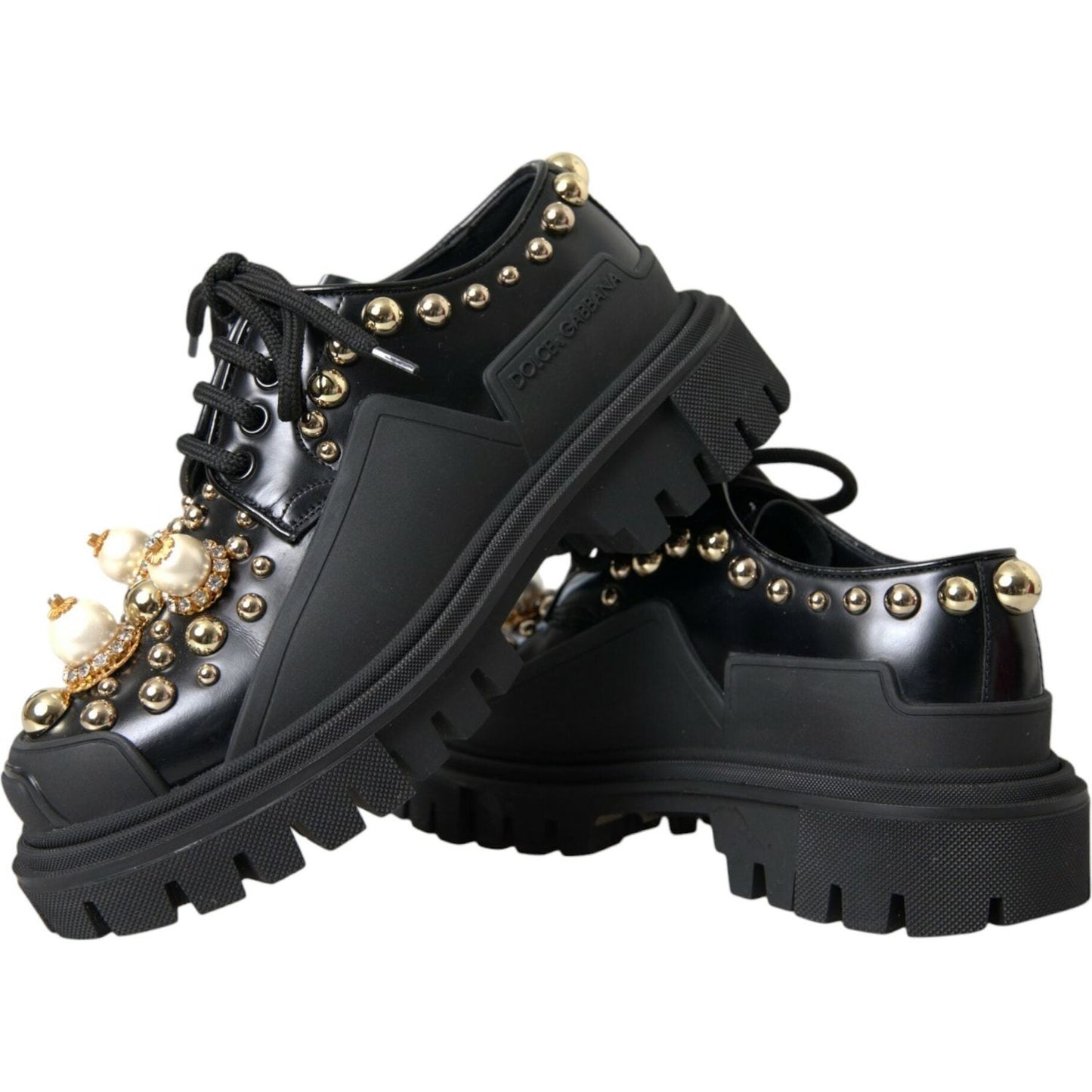 Black Leather Trekking Derby Embellished Shoes