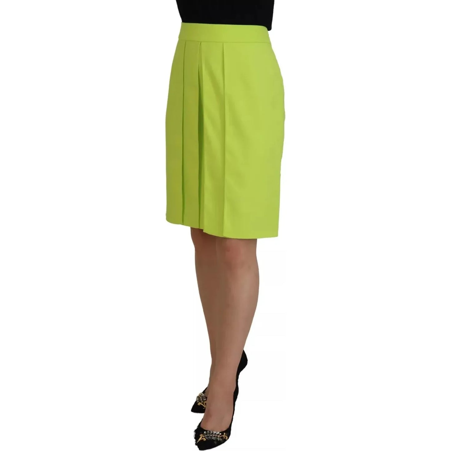 Green High Waist Pleated A-line Knee Length Skirt