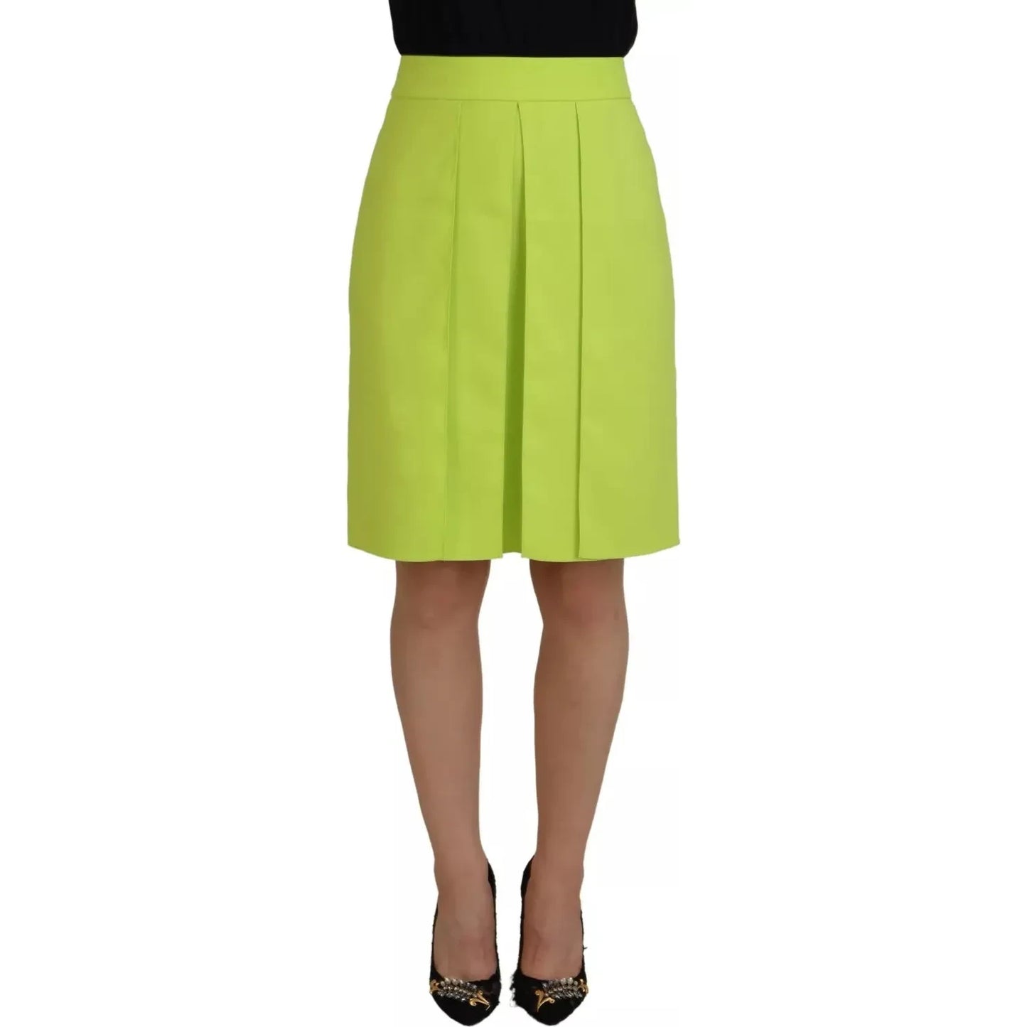 Green High Waist Pleated A-line Knee Length Skirt