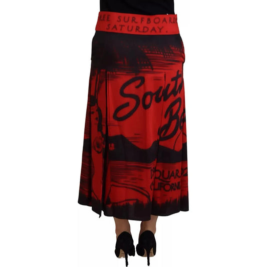 Red Printed High Waist A-line Pleated Midi Skirt