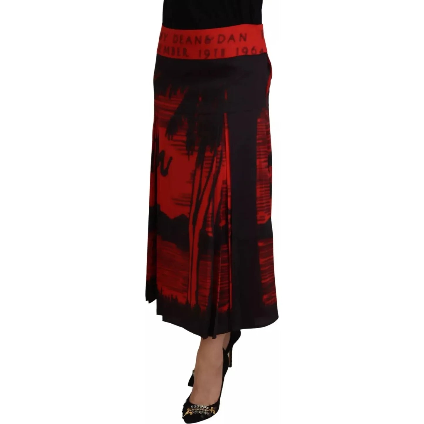 Red Printed High Waist A-line Pleated Midi Skirt