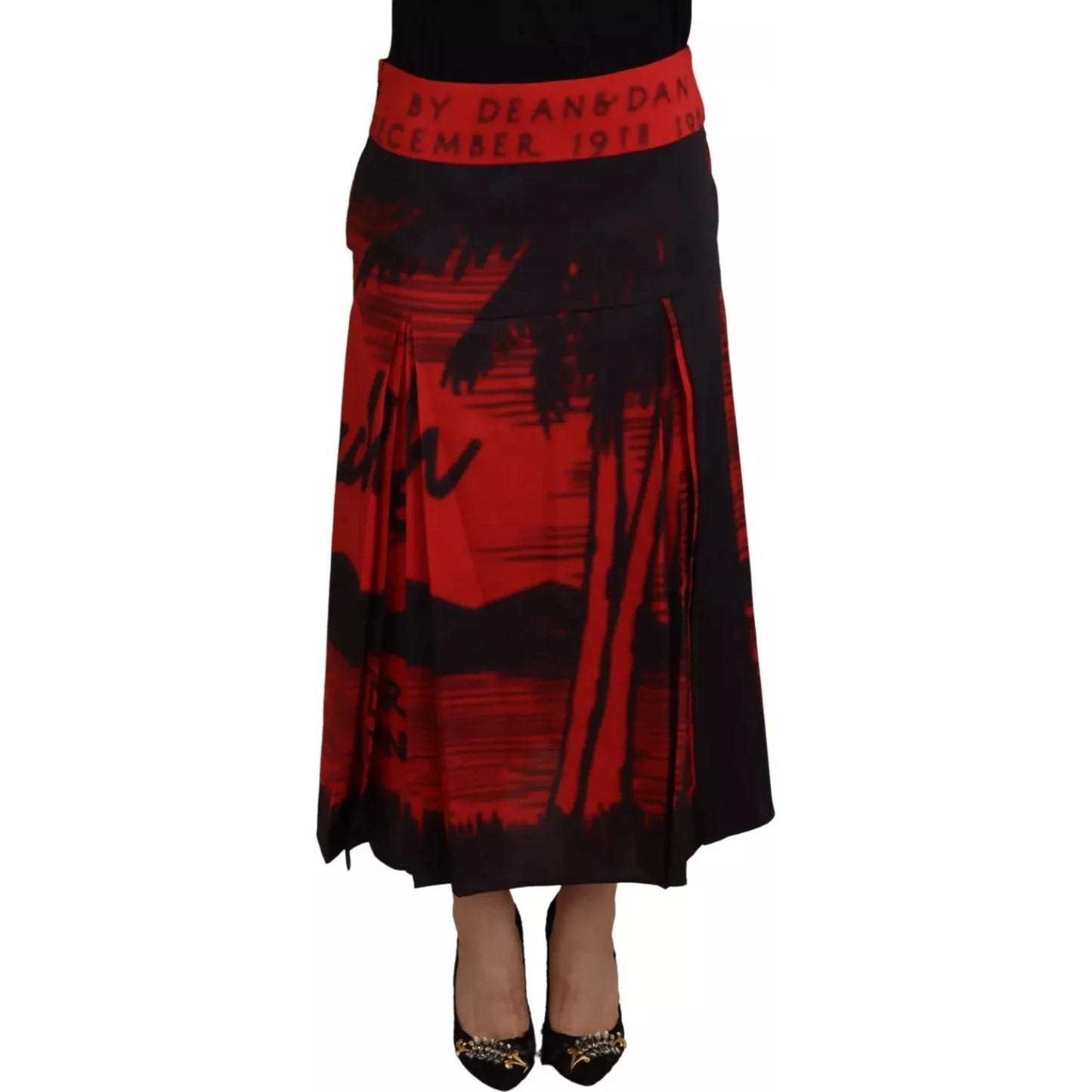 Red Printed High Waist A-line Pleated Midi Skirt