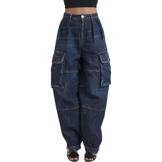 Blue High Waist Cotton Cargo Baggy Denim Jeans