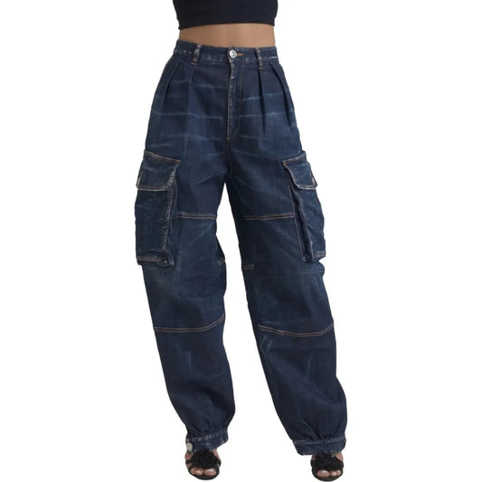 Blue High Waist Cotton Cargo Baggy Denim Jeans