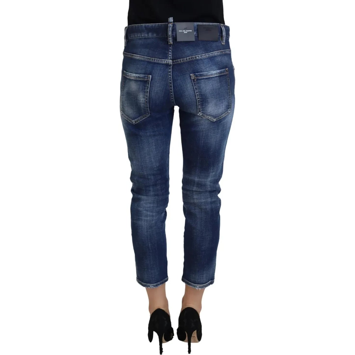 Blue Cotton Mid Waist Cropped Denim Jeans Cool Girl