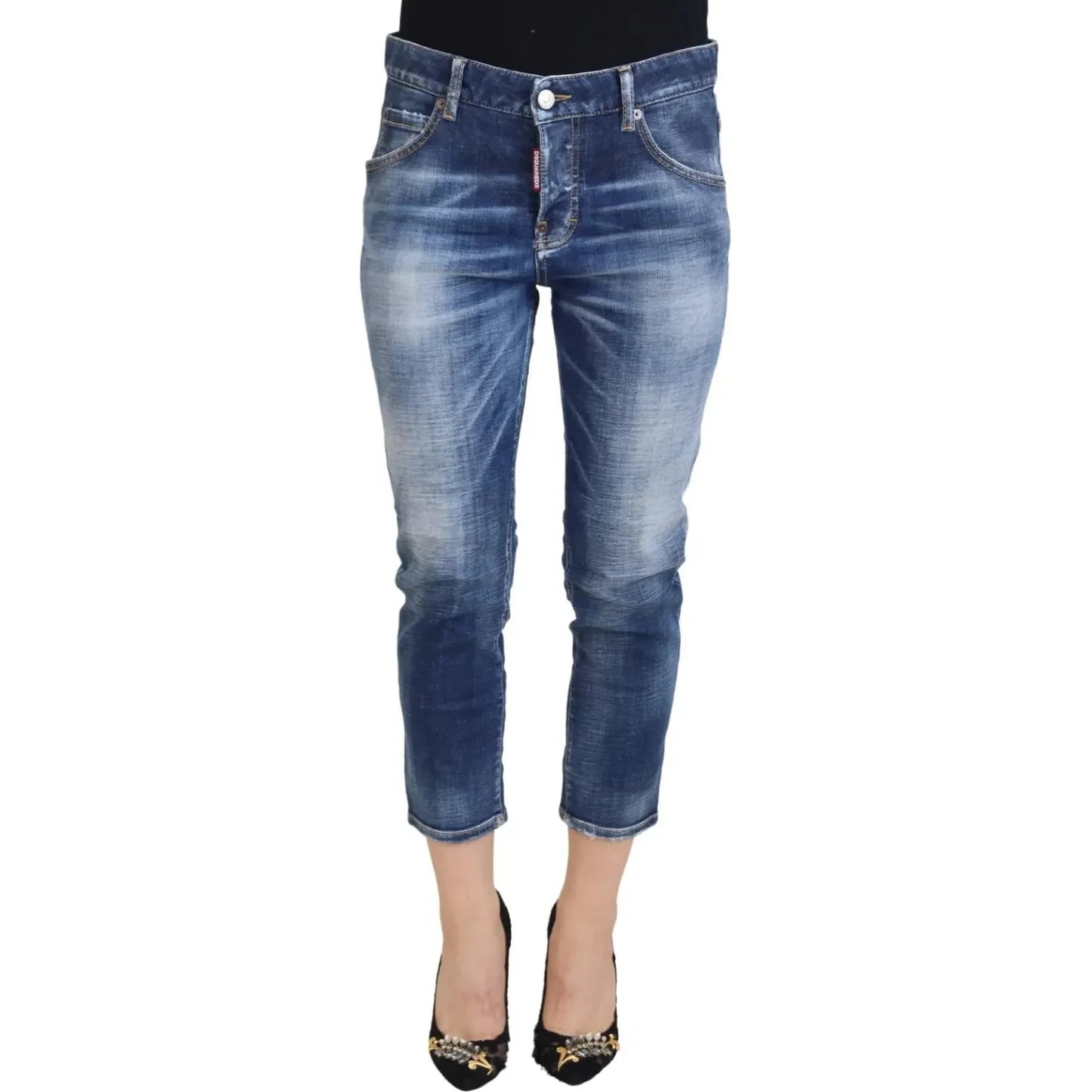 Blue Cotton Mid Waist Cropped Denim Jeans Cool Girl