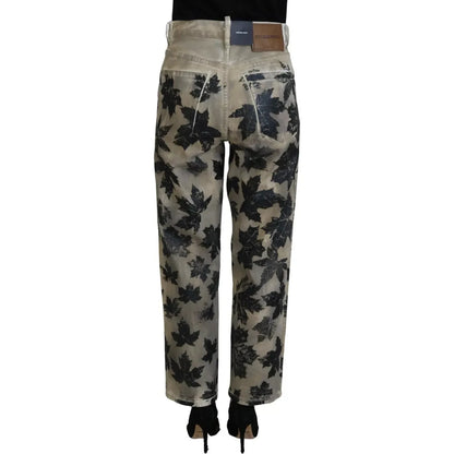 Dsquared² Beige Leaves Cotton High Waist Denim Jeans Boston