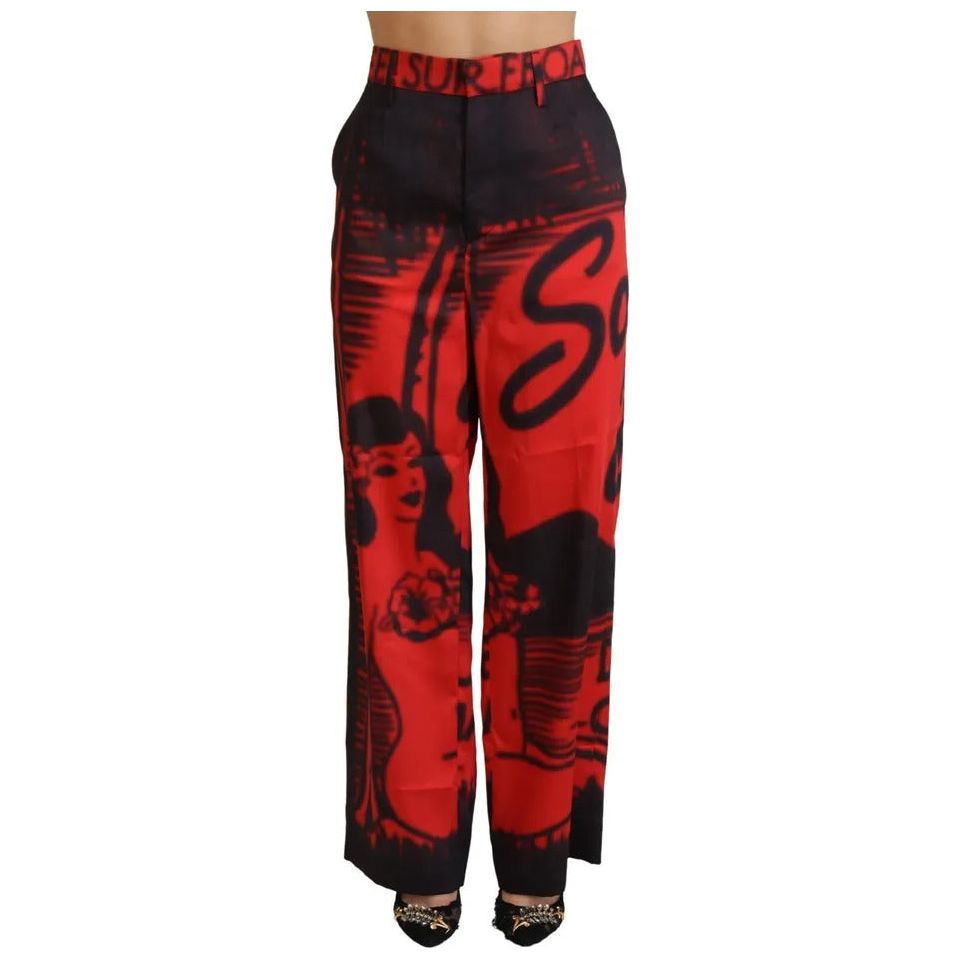 Red Printed High Waist Straight Pants