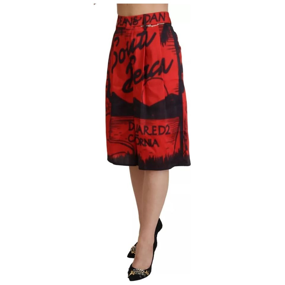 Red Printed High Waist Wide Leg Cropped Pants