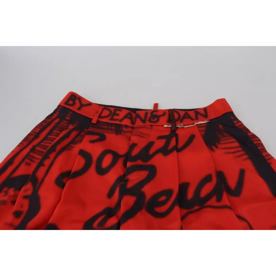 Red Printed High Waist Wide Leg Cropped Pants