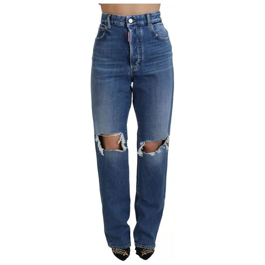 Blue Distressed High Waist Straight Denim Jeans