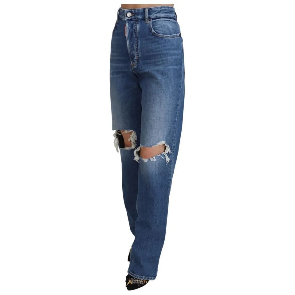 Blue Distressed High Waist Straight Denim Jeans