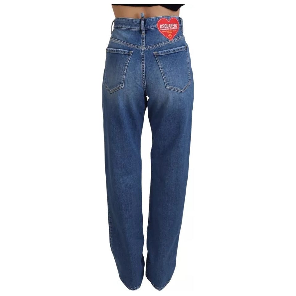 Blue Distressed High Waist Straight Denim Jeans