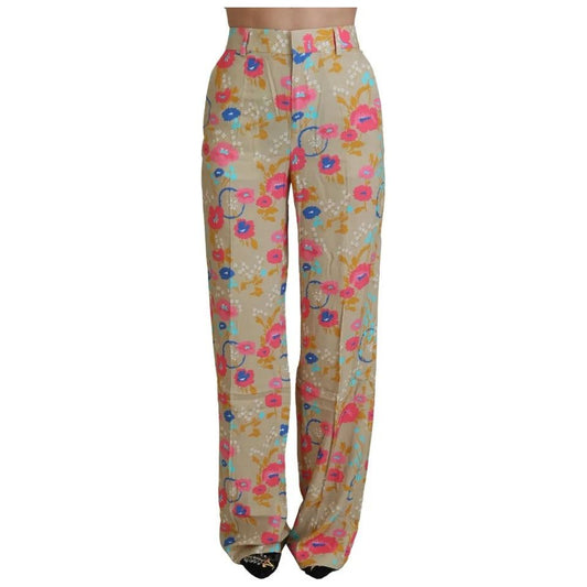 Beige Floral High Waist Straight Pants