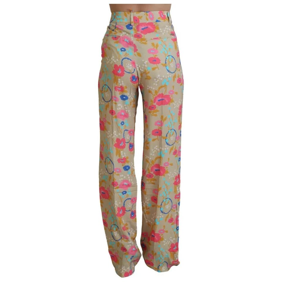 Beige Floral High Waist Straight Pants