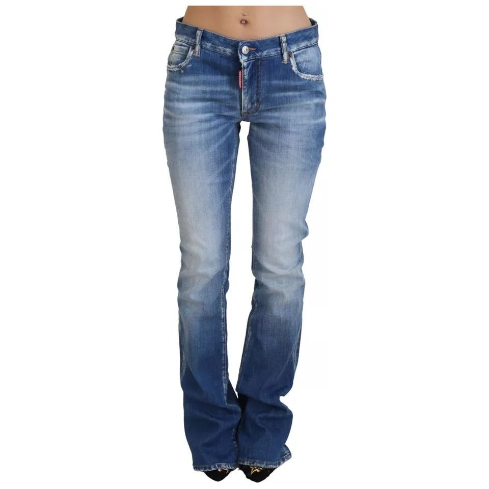 Blue Washed Cotton Mid Waist Flared Denim Jeans