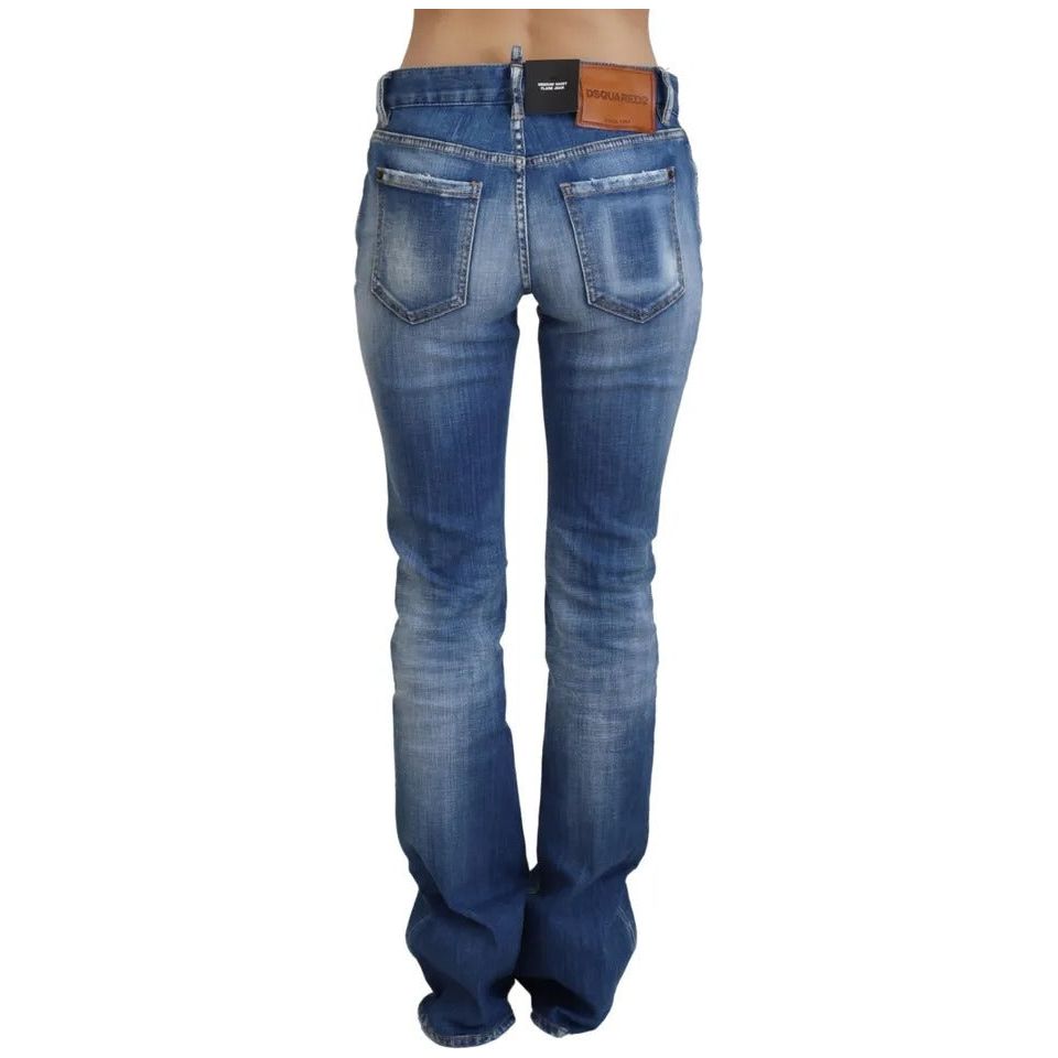 Blue Washed Cotton Mid Waist Flared Denim Jeans