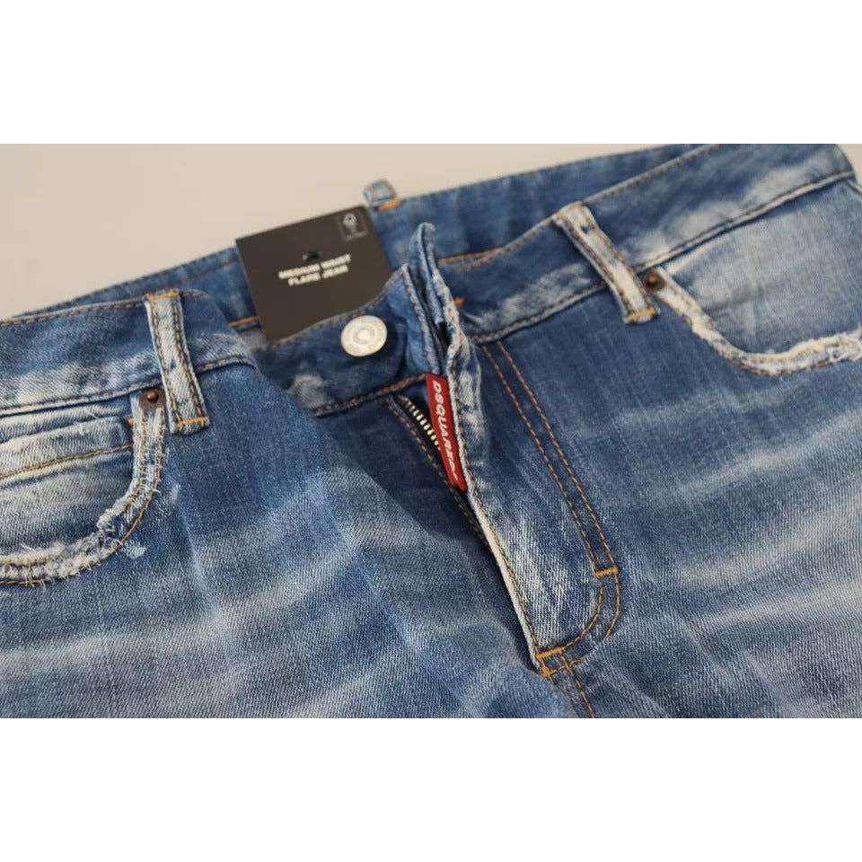 Blue Washed Cotton Mid Waist Flared Denim Jeans