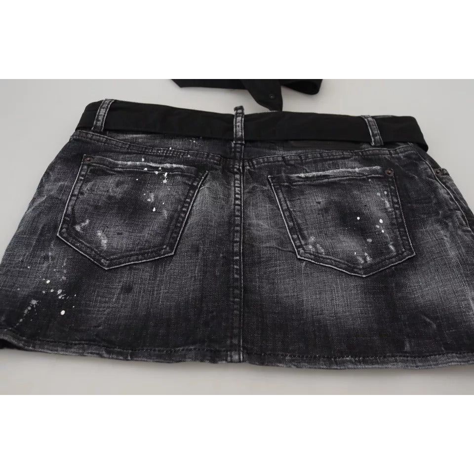 Black Distressed Mid Waist A-line Denim Mini Skirt