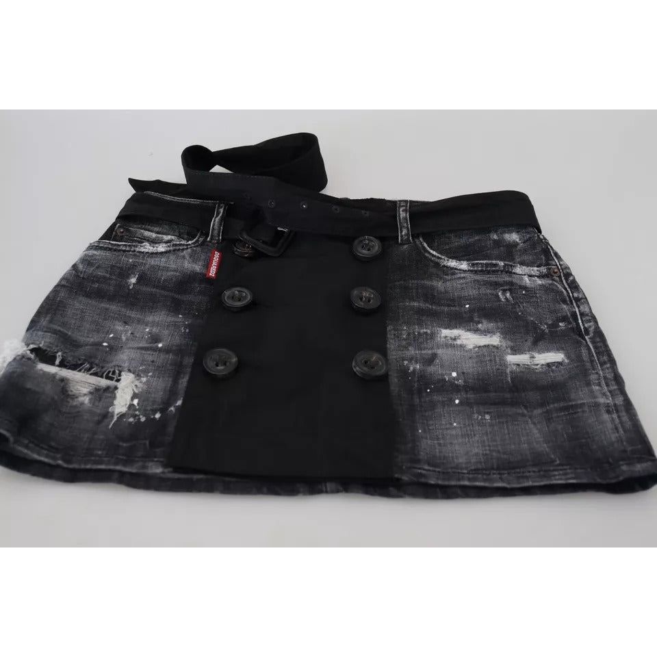 Black Distressed Mid Waist A-line Denim Mini Skirt