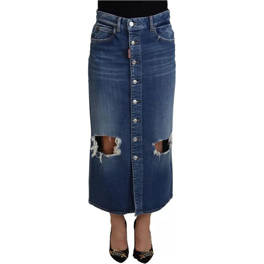 Blue Distressed High Waist Pencil Cut Denim Skirt