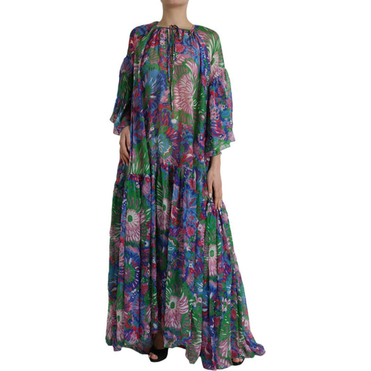 Multicolor Floral Silk Kaftan Maxi Dress