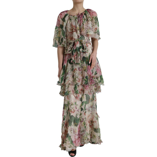 Multicolor Floral Silk Tiered Long Maxi Dress