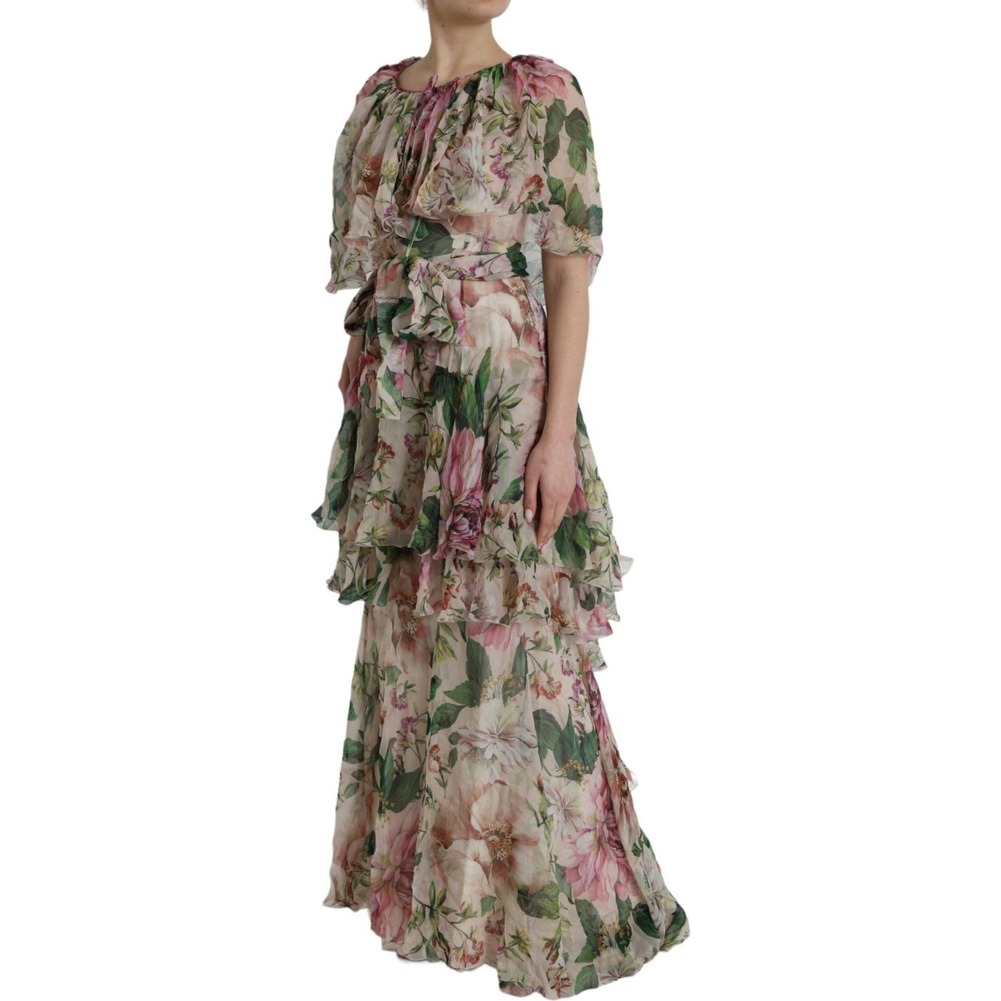 Multicolor Floral Silk Tiered Long Maxi Dress