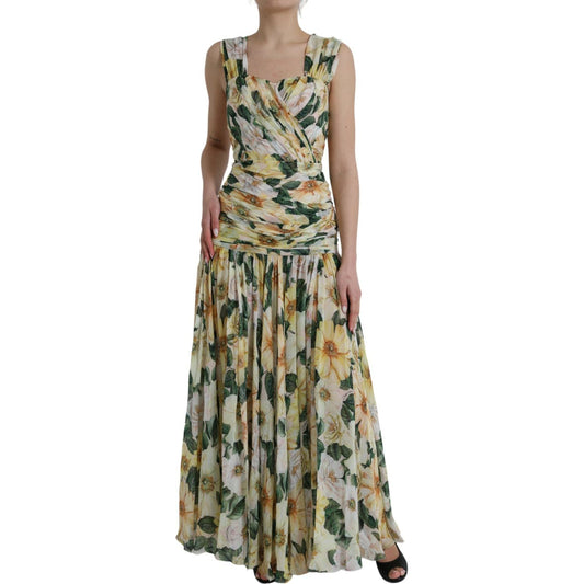 Yellow Floral Print Silk Pleated Maxi Dress