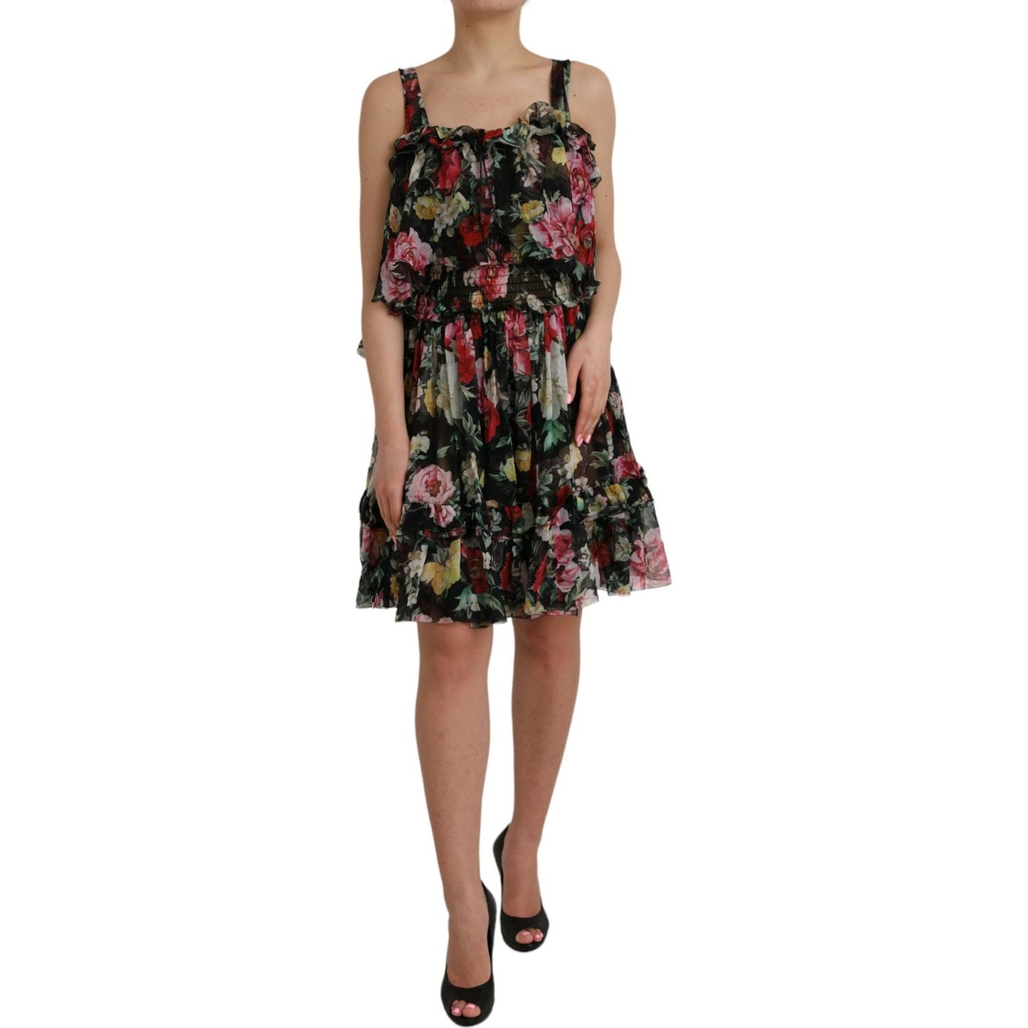 Black Floral Silk A-line Sleeveless Dress