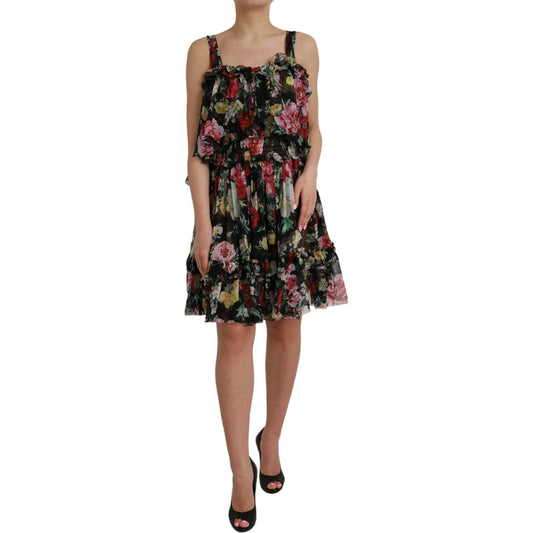 Black Floral Silk A-line Sleeveless Dress