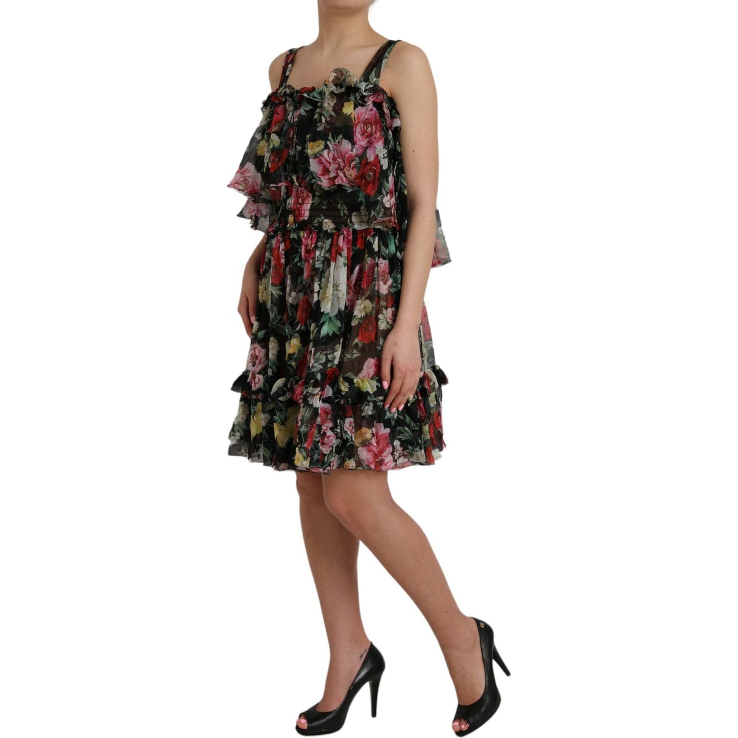 Black Floral Silk A-line Sleeveless Dress