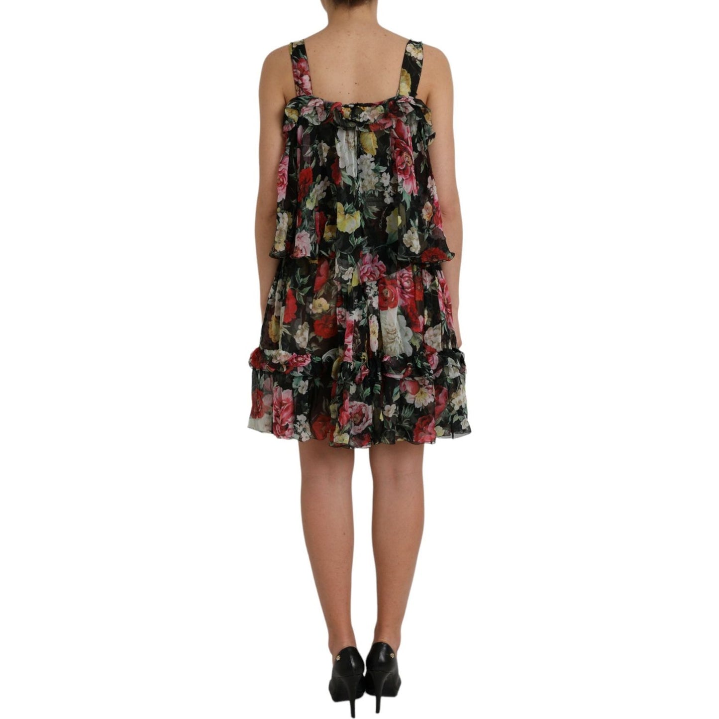 Black Floral Silk A-line Sleeveless Dress