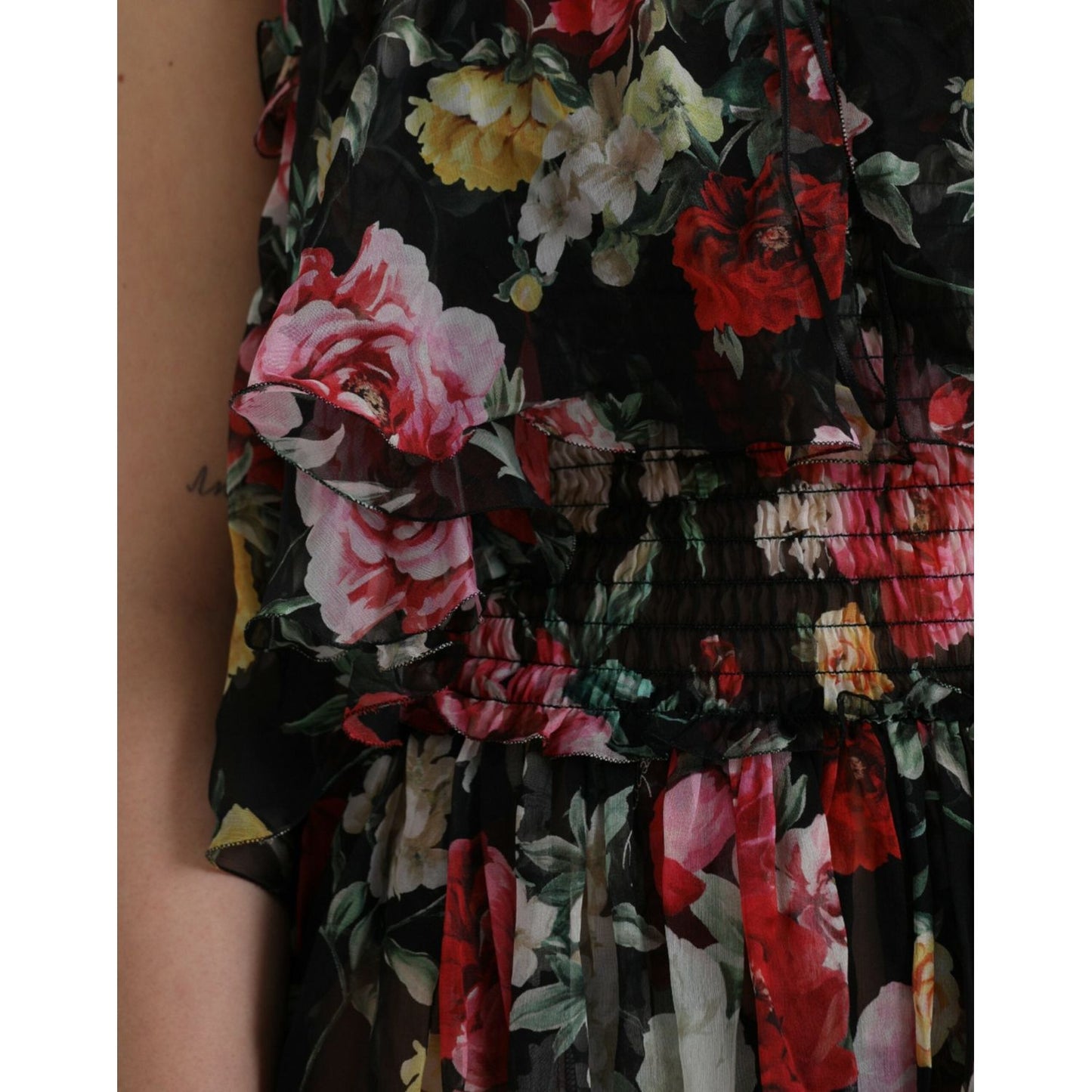 Black Floral Silk A-line Sleeveless Dress