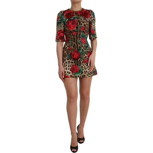 Brown Leopard Red Roses Cotton A-line Dress